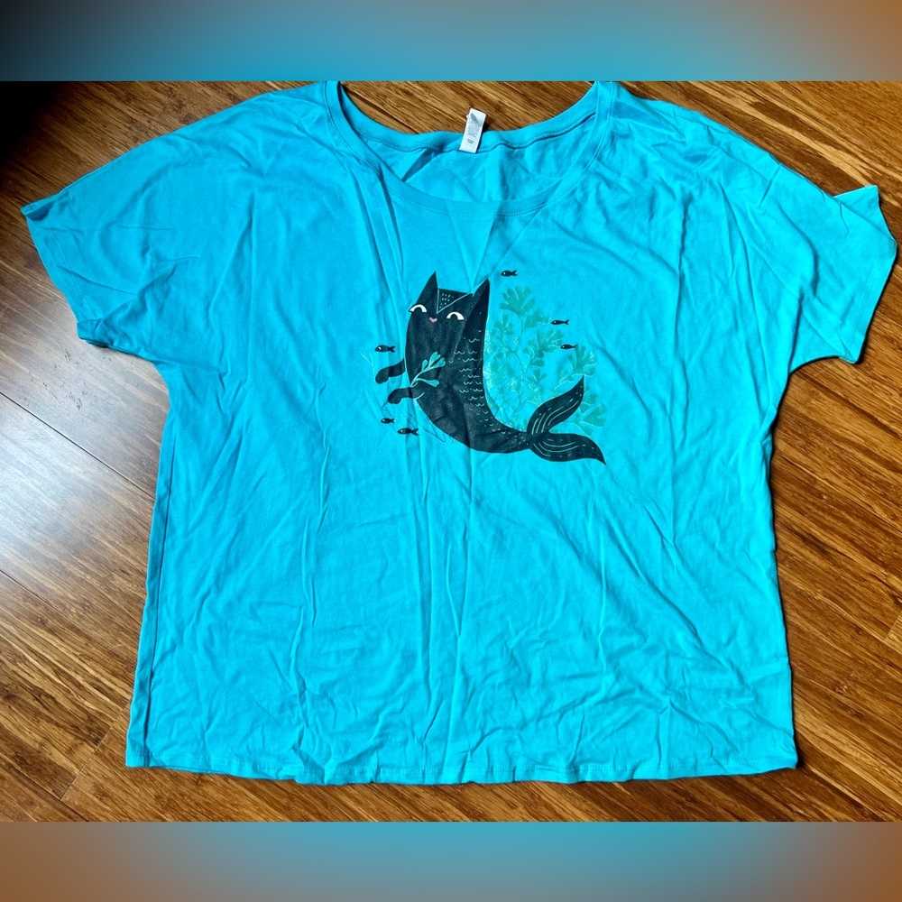 Aqua Black Cat Mermaid (Purrmaid) with seaweed scoop neck relaxed graphic tee